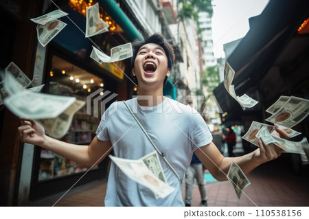 AI-generated content. Happy person getting bonus money and banknotes flying in the air comeliness 110538156