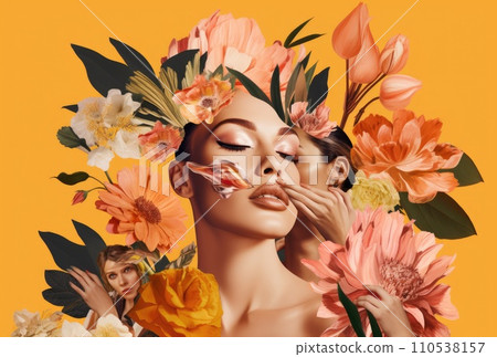 AI-generated content. Abstract art portrait of young woman with flowers comeliness 110538157