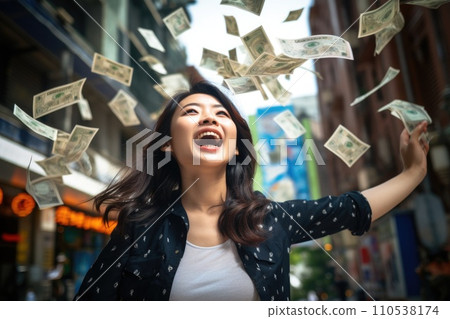 AI-generated content. Happy person getting bonus money and banknotes flying in the air comeliness 110538174