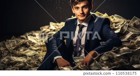 AI-generated content. Billionaire on Big Pile of Banknotes Rich Comeliness 110538175