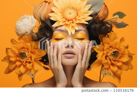 AI-generated content. Abstract art portrait of young woman with flowers comeliness 110538176