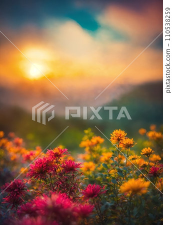 flowers in a field on a beautiful sunset blurred background 110538259