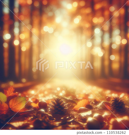 blurred autumn background with yellow tree leaves and sun in background 110538262