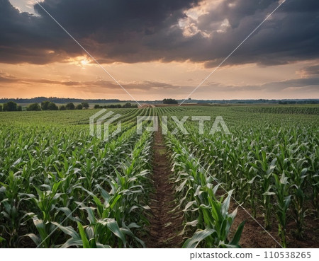 Panoramic view of Corn field plantation with cloud sky background Panoramic view of Corn field plantation with cloud sky background 110538265