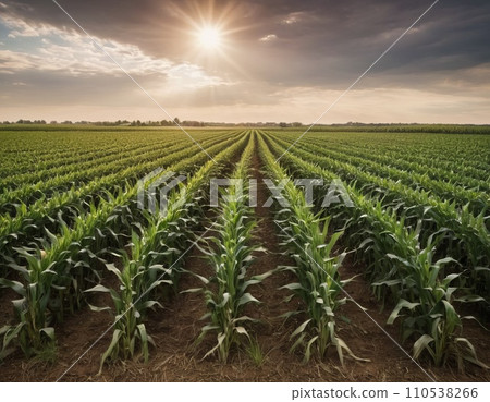 Panoramic view of Corn field plantation with cloud sky background Panoramic view of Corn field plantation with cloud sky background 110538266