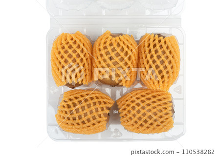 Top view of a kiwi in a plastic box and in nets to protect it from damage. 110538282