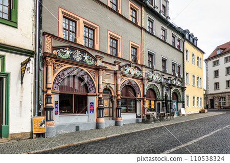 Historic Theater Im Gewolbe building on the market square of Weimar, Germany 110538324