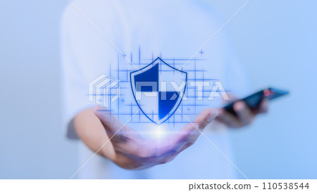 User hand show the warranty identity proof icon for security protection system on virtual screen. Technology assurance of cyber security. Certified guarantee approval or secure access system concept. 110538544