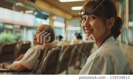 年輕護理師在醫院與老年病患聊天（AI 生成） 110538612