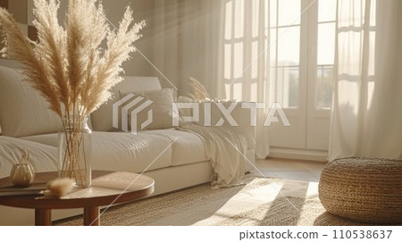 AI-generated content. A living room with a white couch and potted plant, AI 110538637