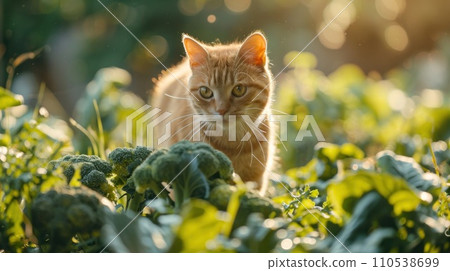 AI-generated content. A cat walking through a field of broccoli and other plants, AI 110538699