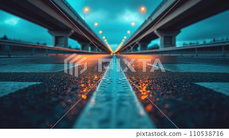 AI-generated content. A view of a bridge with lights on it and some water, AI 110538716