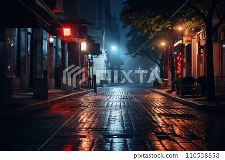 AI-generated content. At night street city unsplash Generative AI 110538858