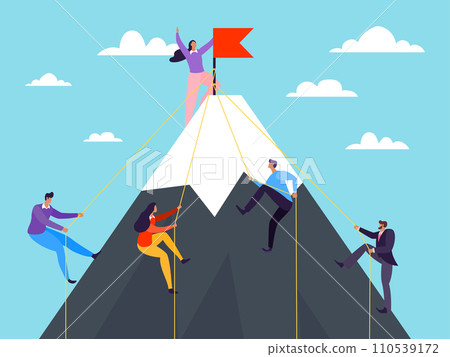 Business people climbing on mountain, vector illustration. Success achievement by flat leadership concept, climb career peak. Business people climbing on mountain, vector illustration. Success achievement by flat leadership concept, climb career peak. 110539172