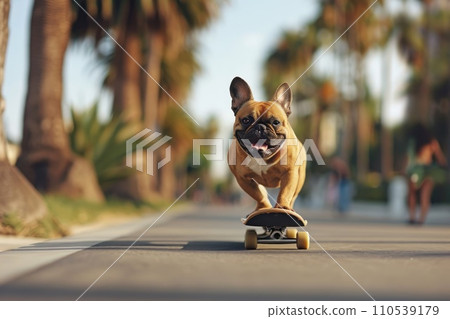 AI-generated content. Skateboarding dog. Funny dog rides skateboard on the street in summer city 110539179