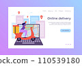 Online delivery laptop, landing vector illustration. E-commerce makes shopping fast and convenient. Purchase goods by mail. 110539180