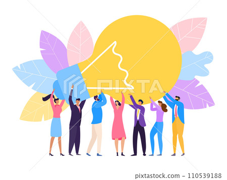 Group people hold huge lamp new idea vector Illustration. Success in business rely on teamwork, creative problem solving. 110539188