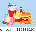 Fastfood tiny people concept vector Illustration. Universal menu street cafe include various types hamburgers, french fries. 110539193