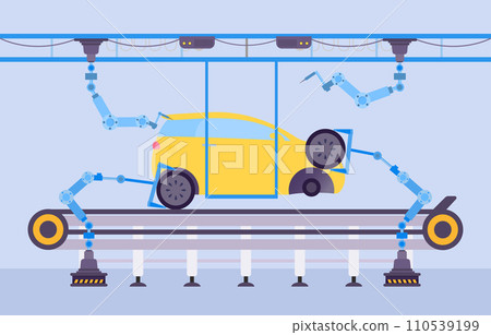 Car production factory concept vector Illustration. Automotive construction using cartoon robotic equipment on conveyor plant. 110539199