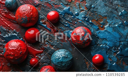 AI-generated content. A bunch of red and blue balls are on a table in liquid paint, AI AI-generated content. A bunch of red and blue balls are on a table in liquid paint, AI 110539285