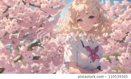 櫻花下欣賞櫻花的女孩 110539385