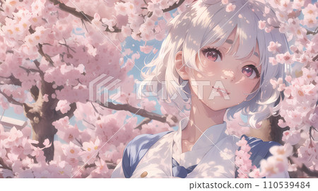 女高中生在櫻花樹下拍紀念照 110539484