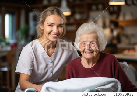 AI-generated content. Happy elderly women being assisted by caregiver. Generative AI AI-generated content. Happy elderly women being assisted by caregiver. Generative AI 110539932