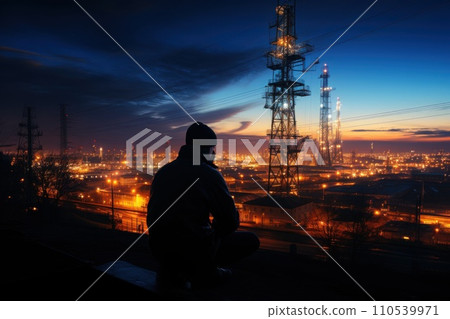 AI-generated content. Silhouette of communication tower against twilight sky with person testing signal. Generative AI 110539971