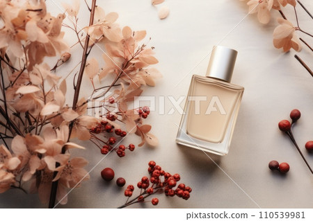 AI-generated content. Simple product set of makeup and perfume taken from above, autumn theme. Generative AI 110539981