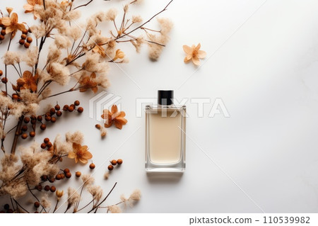 AI-generated content. Simple product set of makeup and perfume taken from above, autumn theme. Generative AI 110539982