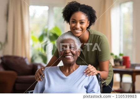 AI-generated content. Happy elderly women being assisted by caregiver. Generative AI 110539983