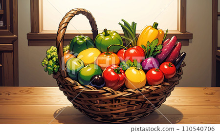 Illustration of a basket with vegetables and fruits Illustration of a basket with vegetables and fruits 110540706