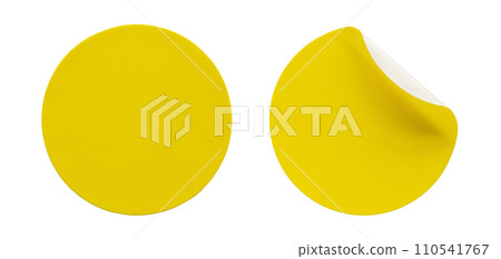 Yellow round paper sticker label isolated on white background Yellow round paper sticker label isolated on white background 110541767