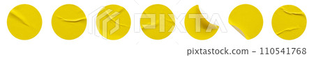 Yellow round paper sticker label isolated on white background Yellow round paper sticker label isolated on white background 110541768
