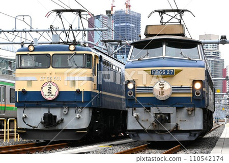 EF65 type electric locomotive (Sakura) and EF66 type electric locomotive (Mizuho) lined up at the depot 110542174
