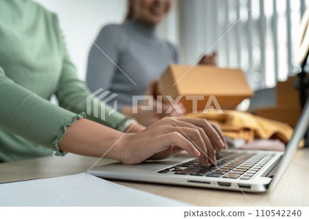 Young woman online business owner is typing details on a laptop in preparation for sending products to customers Young woman online business owner is typing details on a laptop in preparation for sending products to customers 110542240