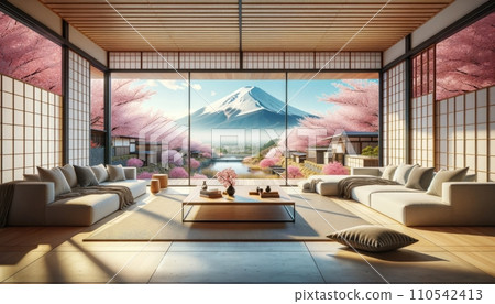 AI-generated content. Modern living room interior design for home. Japan style. Generative AI 110542413