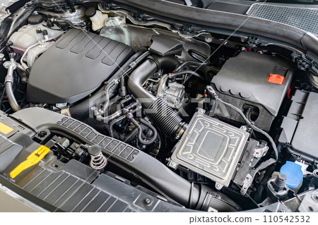 modern car engine under hood close up detail 110542532
