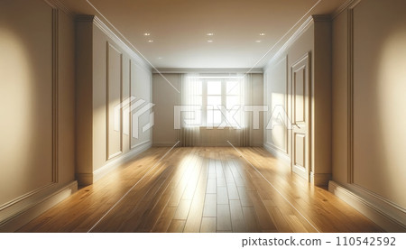 AI-generated content. Empty room and wall and wooden floor with interesting with glare from the window. Interior background for the presentation. Generative AI 110542592
