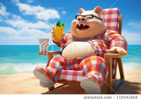 AI-generated content. Chubby pet sitting beach chair at summer season. Generative AI 110542608