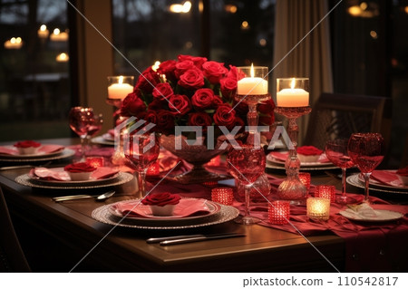 AI-generated content. Romantic dinner with a red rose bouquet and candle. Generative AI 110542817