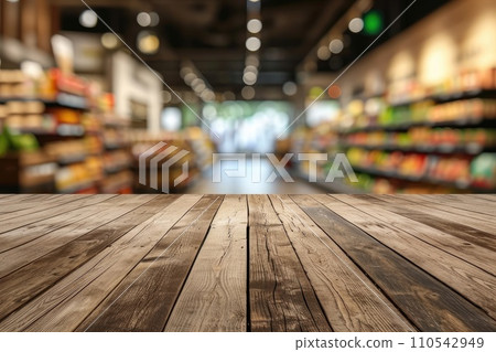 AI-generated content. Empty wooden table and blurred background. Generative AI 110542949