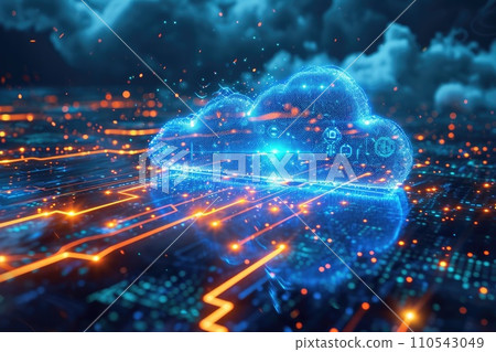 AI-generated content. Big data transfer on Cloud internet network. Futuristic technology background. Generative AI 110543049
