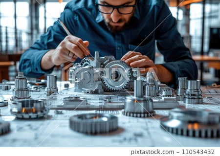 AI-generated content. Mechanical engineer working with machine and gear and blueprint. Generative AI AI-generated content. Mechanical engineer working with machine and gear and blueprint. Generative AI 110543432
