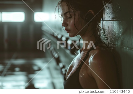 AI-generated content. Athletes woman using smartphone at locker room. Generative AI 110543440