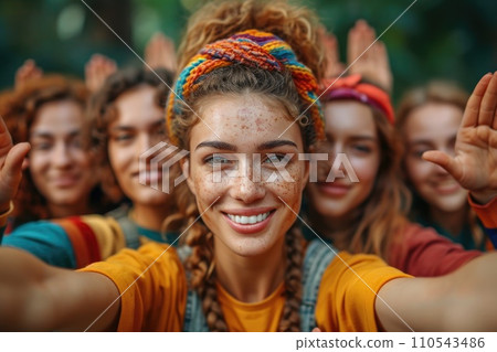 AI-generated content. Volunteering. Young people volunteers have activity at outdoors. Generative AI 110543486