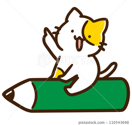 Deformed illustration of a cute cat character standing on a pencil and pointing upwards 110543698