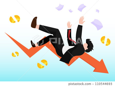 Financial crisis concept. Businessman falling down with financial chart and losing money. Bankruptcy and recession vector background Financial crisis concept. Businessman falling down with financial chart and losing money. Bankruptcy and recession vector background 110544693