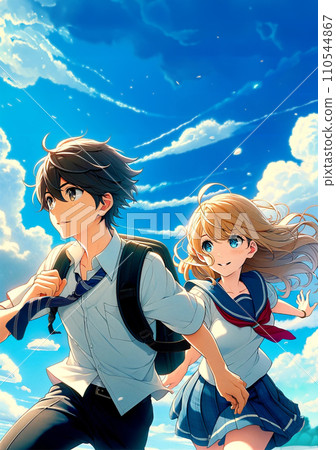 動漫風格插畫高中男生女生跑步輕小說風格生成AI 110544867