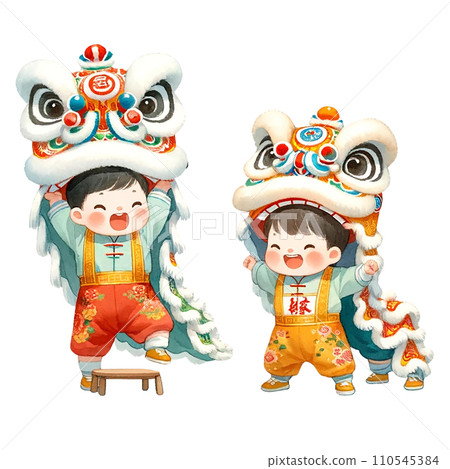 Watercolor clipart of Chinese Kids performing dragon dance. 110545384